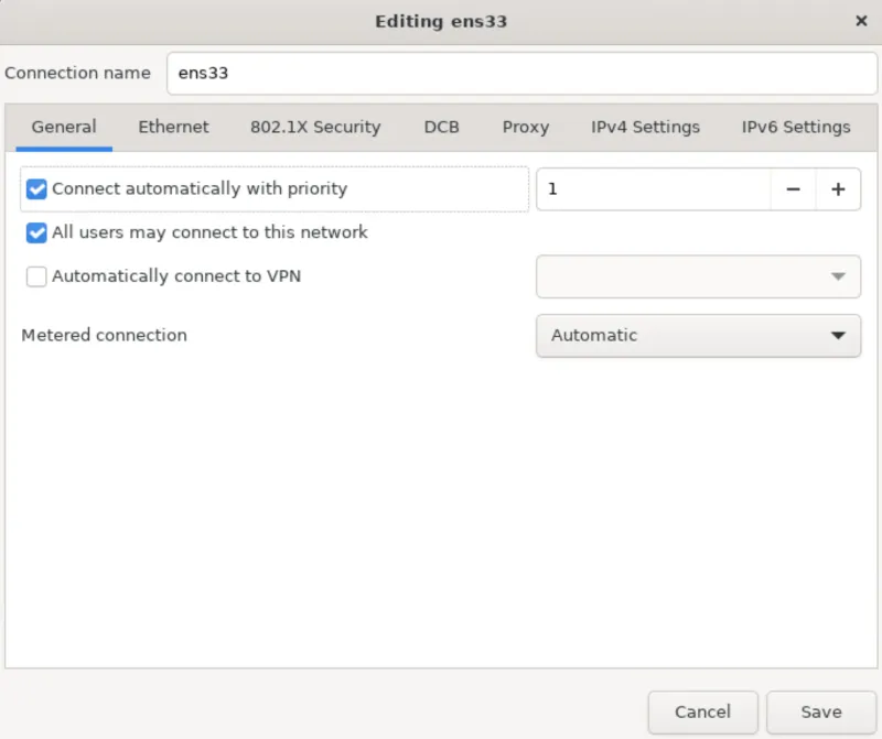 Rocky Linux network connection General tab showing connection name and network interface fields