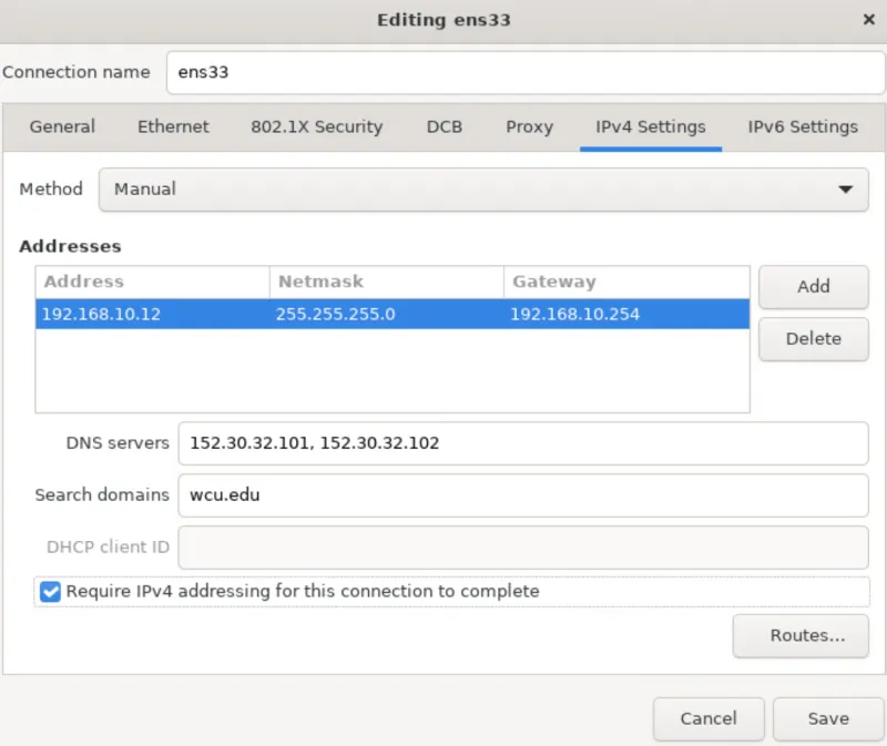 Rocky Linux installer IPv4 Settings tab with address, netmask, gateway, DNS, and search domain fields