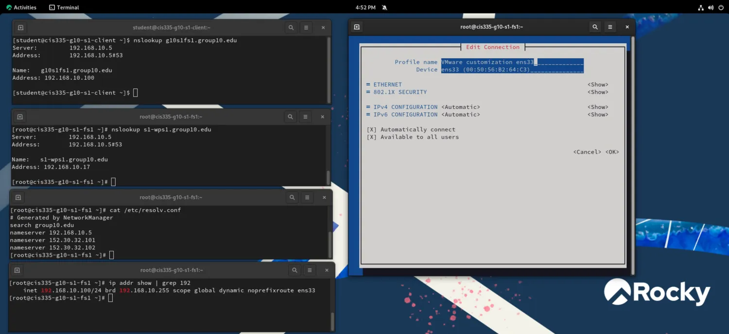 Rocky Linux client desktop with five terminal windows showing nslookup, SSH sessions to fs1, resolv.conf, ip addr, and nmtui