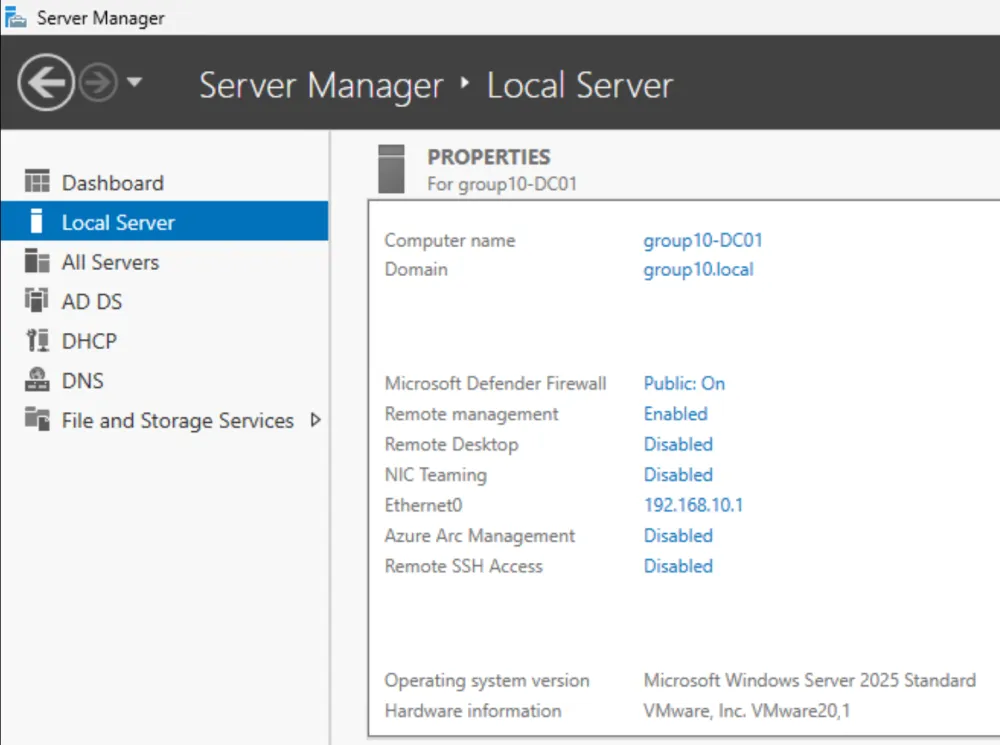 Windows Server Manager on the Domain Controller showing Active Directory Users and Computers with Staff and Faculty OUs and user accounts