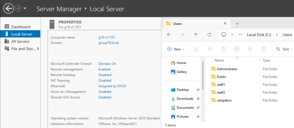 Windows Server Manager showing a domain-joined FS1 server with active logins from staff and faculty AD accounts